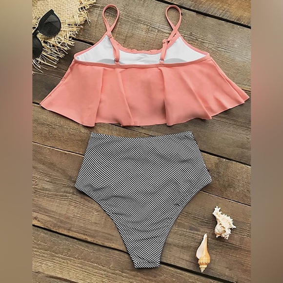 CUPSHE Pink and Stripe High Waisted Bikini Sets Sexy TankTop Swimsuit Two Pieces - Picture 7 of 8